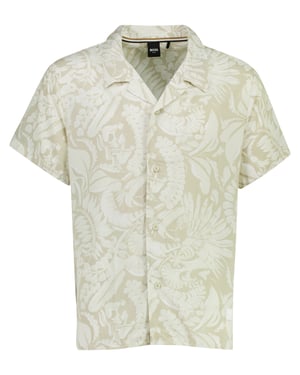 Overhemd BOSS Black beige Beach lijn bladeren print wijde fit