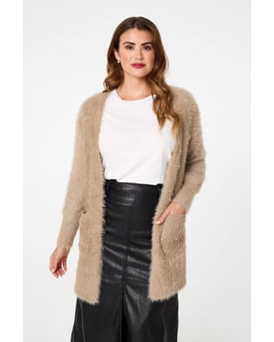 Beige Soft Textured Longline Open Cardigan