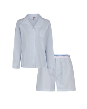 By Louise Dames pyjama set shortama blouse lange mouw lichtblauw gestreept seersucker