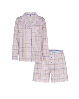 By Louise Dames pyjama set shortama blouse lange mouw roze geruit