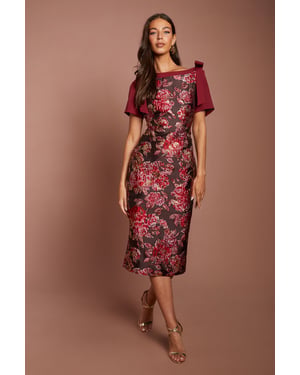 Short Sleeve Jacquard Midi Dress With Bow Detail