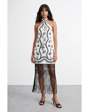 Embroidered Fringe Mini Dress