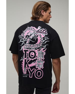 Black Oversized Dragon Puff Print T-Shirt
