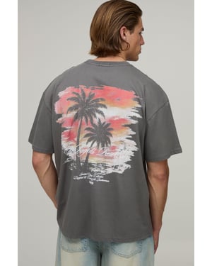 Charcoal Oversized Sunset Palm Print T-Shirt