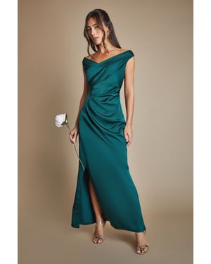 Satin Bardot Bridesmaid Maxi Dress with Waist Ruching Detail