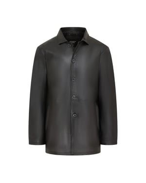 Men's Black Leather Long Collared Car Coat Jacket - Charles