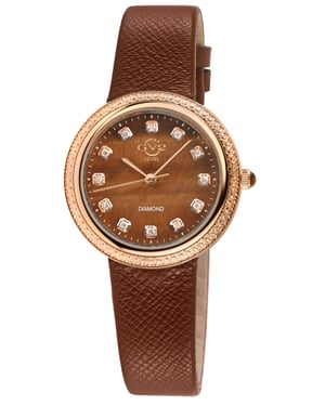 GV2 Arezzo Women's Diamond Watch, IPRG Case, Tiger Eye Dial, Genuine Italian Handmade Brown Leather Strap