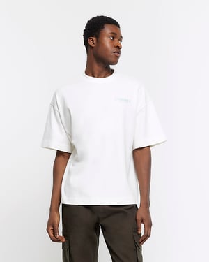 River Island Mens T-Shirt Ecru Regular Fit Graphic Heavyweight