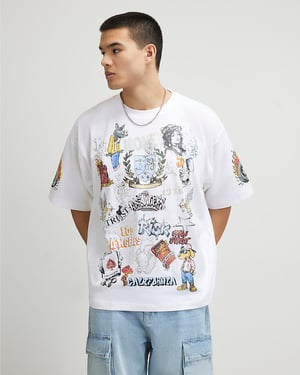 River Island Mens T-Shirt White Oversized Fit Tattoo Graphic