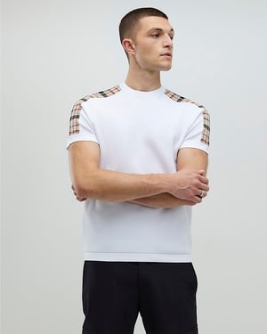 River Island Mens T-Shirt White Slim Fit Check Knit