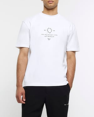 River Island Mens T-Shirt White Regular Fit Japanese Graphic Crew Neck