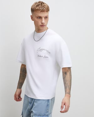 River Island Mens T-Shirt White Oversized Fit Sappora Crane Graphic