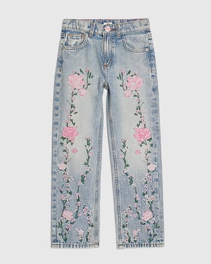 River Island Girls Straight Jeans Pink Floral Embroidered