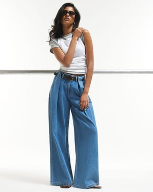 River Island Womens Wide Leg Jeans Blue Belted Pleated