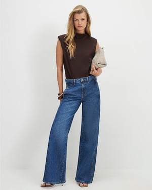 River Island Womens Wide Leg Jeans Blue Tailored Button