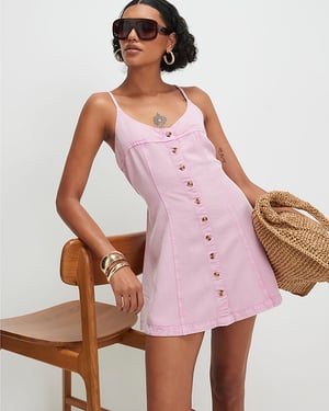 River Island Womens Mini Dress Pink Button Up Denim Sleeveless