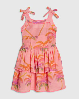 River Island Girls Dress Orange Palm Print Bow Sleeveless