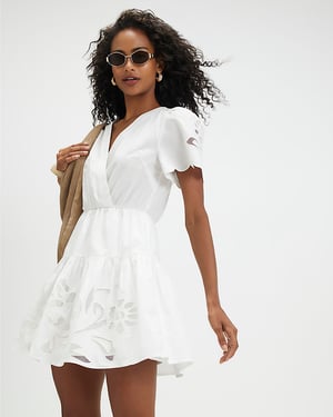 River Island Womens Mini Dress Cream Short Sleeve Poplin Broderie
