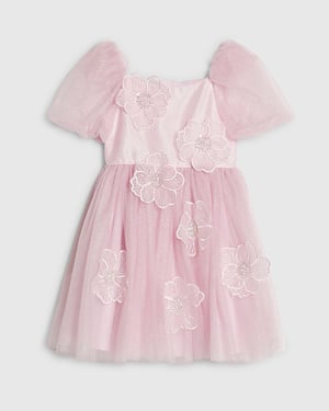 River Island Girls Dress Pink Puff Sleeve Floral Tulle Zip