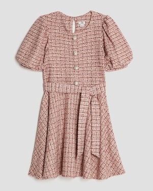 River Island Girls Dress Pink Boucle Belted Check Short Sleeve