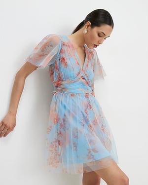 River Island Womens Mini Dress Blue Tulle Short Sleeve V-Neck