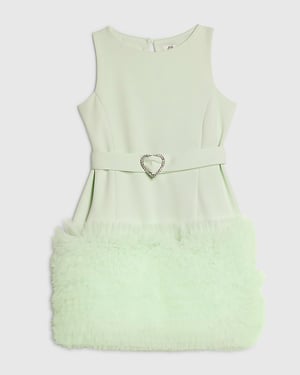 River Island Girls Dress Green 3D Organza Hem Round Neck Button