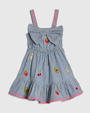 River Island Mini Girls Dress Blue Stripe Embroidered Bow Sleeveless