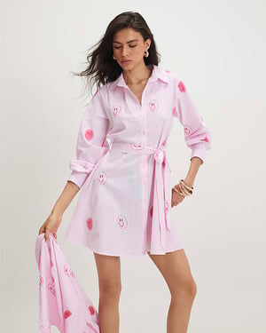 River Island Womens Shirt Dress Pink Cotton Smiley Embroidered