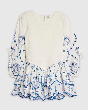 River Island Girls Dress White Shirred Long Sleeve Embroidered Floral