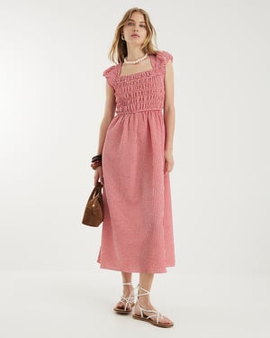 River Island Womens Midi Dress Red Gingham Cap Sleeve Shirred
