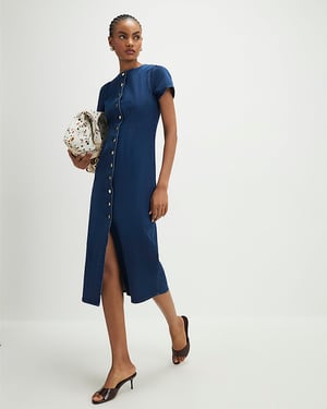 River Island Womens Midi Dress Blue Denim Button Cap Sleeve