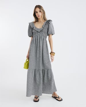 River Island Womens Midi Dress Frill Black Gingham V-Neck