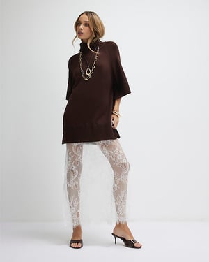 River Island Womens Midi Dress Brown Hybrid Lace Hem Short Sleeve