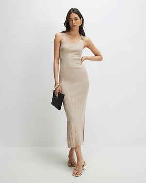 River Island Womens Midi Dress Beige Knitted Ribbed Sleeveless