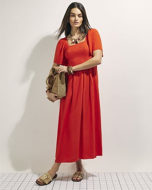 River Island Womens Midi Dress Red Linen Blend Shirred