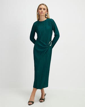 River Island Womens Midi Dress Petite Green Plisse Buckle Detail