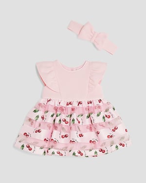 River Island Baby Girls Dress & Headband Set Pink Cherry Bubble Hem