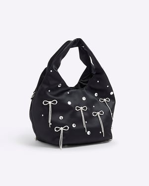 River Island Womens Grab Bag Black Satin Diamante Bow Popper