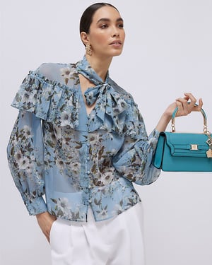 River Island Womens Blouse Blue Floral Ruffle Tie Neck Button