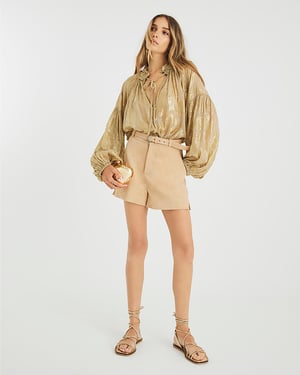 River Island Womens Blouse Gold Floral Long Sleeve Tie Neck