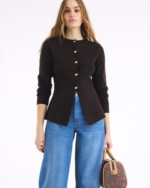 River Island Womens Top Brown Knit Button Up Long Sleeve