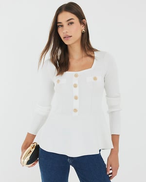 River Island Womens Top Peplum White Knitted Long Sleeve
