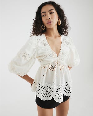 River Island Womens Blouse Cream Mid Sleeve Broderie V-Neck
