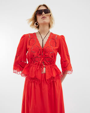 River Island Womens Blouse Red Long Sleeve Cutwork V-Neck