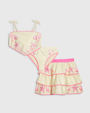 River Island Girls Bikini Skirt Set Yellow Hanky Hem Graphic 3 Piece