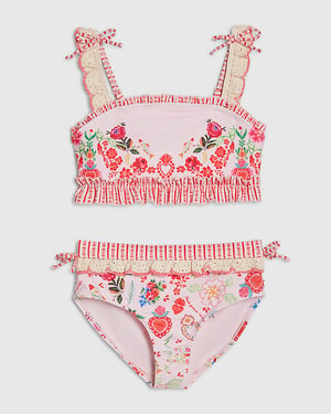 River Island Girls Bikini Set Pink Floral Elasticated Waist 2 Piece