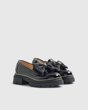 River Island Girls Chunky Loafers Black Patent Bow Padded