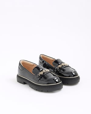 River Island Girls Loafers Black Patent Flower Chain Padded Shoes