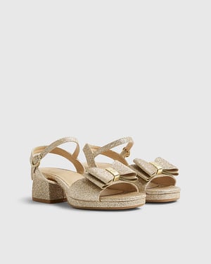 River Island Girls Sandals Gold Glitter Bow Heeled Buckle Shoes