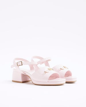 River Island Girls Sandals Pink Heart Trimmed Block Heeled Shoes